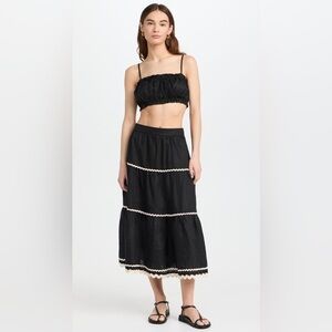 Trovata Birds of Paradise Makena C Black Linen Tiered Midi Skirt